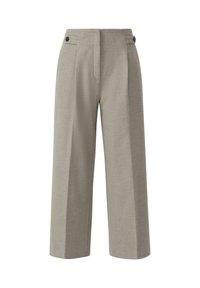 Lichtgrijze wijde broek met een soepele textuur, voorzien van twee voorplooien en twee knopen op de tailleband. Klassiek ontwerp.