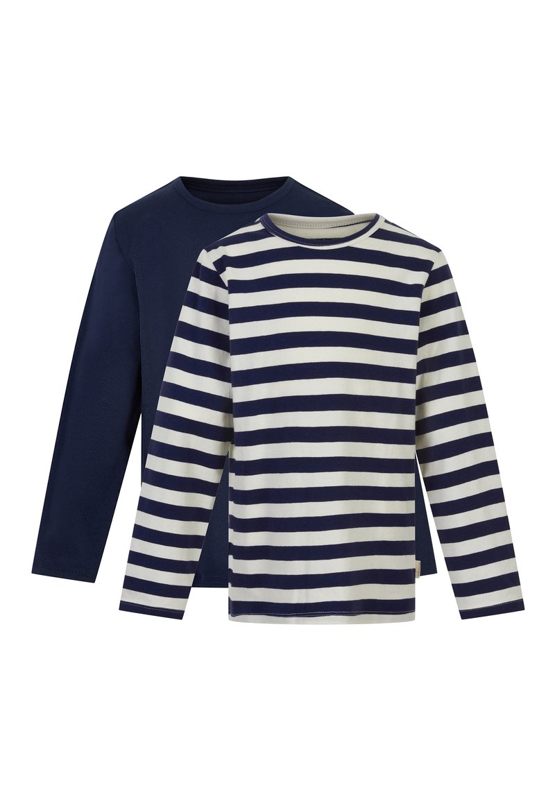 Zwei Langarm-T-Shirts: eines in einem einfarbigen Marineblau, das andere mit marineblau-cremefarbenen horizontalen Streifen. Beide haben Rundhalsausschnitte und eine weiche Baumwollstruktur.
