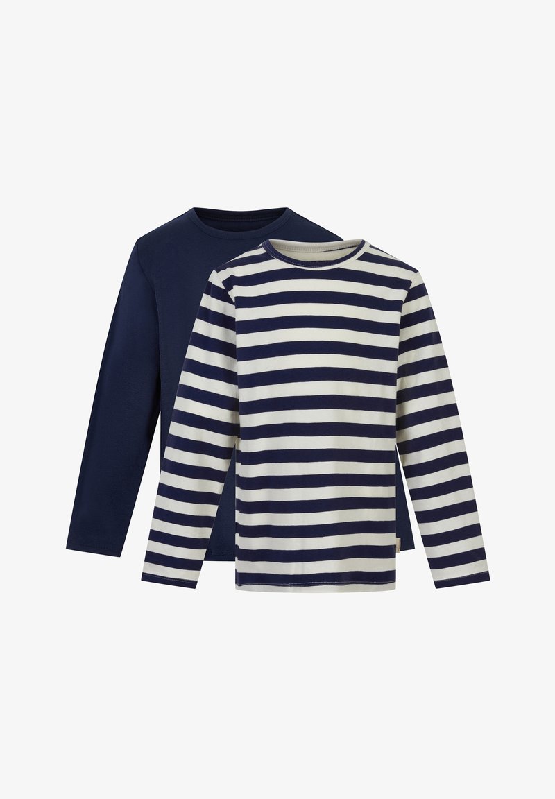 Zwei Langarm-T-Shirts: eines in einem einfarbigen Marineblau, das andere mit marineblau-cremefarbenen horizontalen Streifen. Beide haben Rundhalsausschnitte und eine weiche Baumwollstruktur.