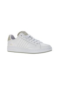 White leather sneaker with perforated accents, grey suede heel, flat laces, and green rubber sole. Features embossed branding on tongue and side.