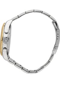 Silberne und goldfarbene Edelstahl-Uhr mit polierter Oberfläche, rechteckigem Gehäuse und Gliederarmband. Verfügt über zwei Druckknöpfe und Logo-Detail.