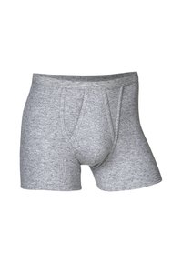 Gray cotton boxer shorts with a smooth texture, featuring a wide waistband and a front pouch design for support.