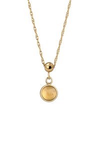 Guldhalskæde med kædedesign, en sfærisk accent og en cirkulær vedhæng. Vedhænget har en poleret, reflekterende overflade.