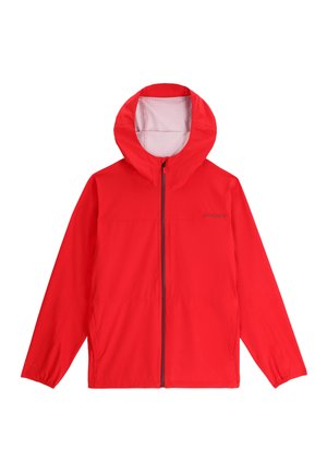 Rode lichte jas met capuchon, ritssluiting aan de voorkant en elastische boorden, met een subtiel logo op de borst.