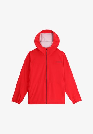 Rode lichte jas met capuchon, ritssluiting aan de voorkant en elastische boorden, met een subtiel logo op de borst.