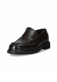 Mocassino in pelle marrone con finitura liscia, caratterizzato da una cucitura sulla parte superiore e una suola in gomma nera bassa per maggiore durata e comfort.