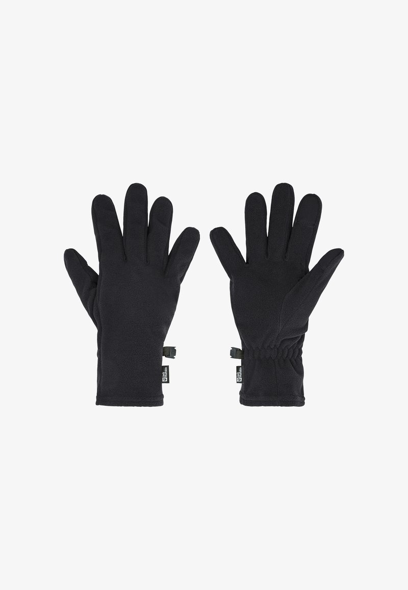 Schwarze Fleece-Handschuhe mit fünf Fingern, ausgestattet mit elastischen Handgelenk-Bündchen und Markenetiketten. Weiche Textur, einheitliche Farbe und flexibles Design.