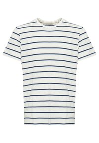 Hvit kortermet T-skjorte med marineblå horisontale striper. Har rund hals og myk tekstur. Enkel, klassisk design.
