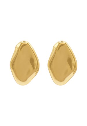 Guldtonede metal øreringe med en glat, uregelmæssig form og skinnende overflade, der har et minimalistisk design uden udsmykninger.