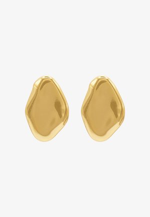 Goudkleurige metalen oorbellen met een gladde, onregelmatige vorm en glanzend oppervlak, met een minimalistisch ontwerp zonder versieringen.