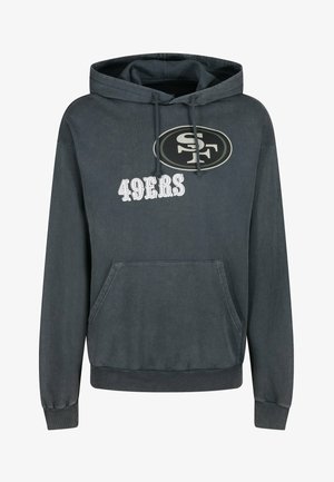 Hooded sweatshirt in dark gray with a front kangaroo pocket, featuring a "49ERS" logo in white and a circular SF logo on the chest.