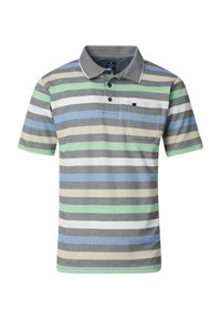 Koszulka polo z krótkim rękawem, w poziome paski w kolorach szarym, zielonym, niebieskim i beżowym. Zawiera zapięcie na guziki przy kołnierzyku oraz kieszonkę na piersi.