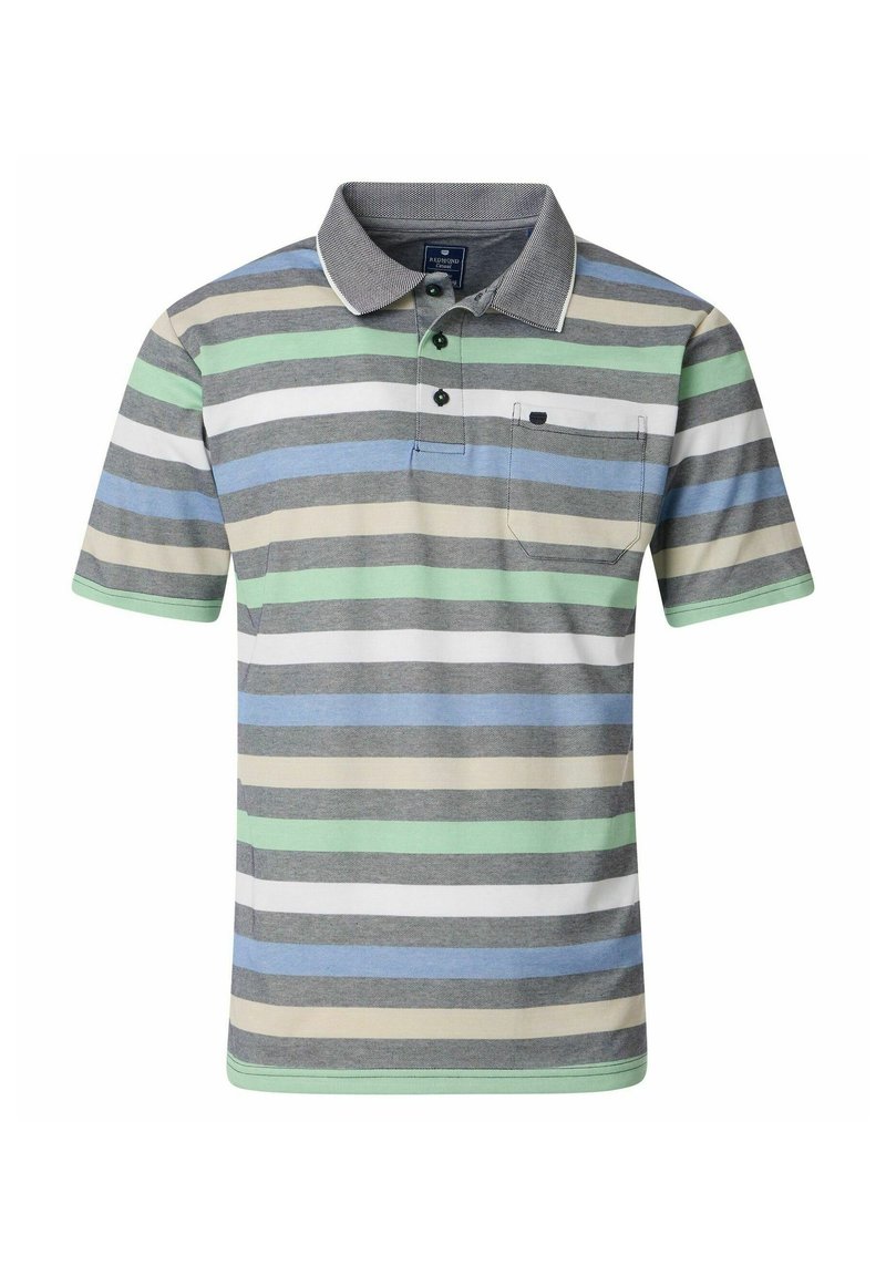 Koszulka polo z krótkim rękawem, w poziome paski w kolorach szarym, zielonym, niebieskim i beżowym. Zawiera zapięcie na guziki przy kołnierzyku oraz kieszonkę na piersi.