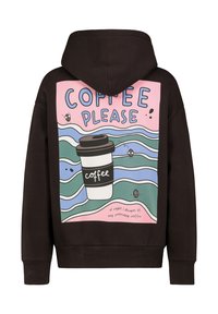 Bruine hoodie met een kleurrijk grafisch ontwerp op de achterkant met de tekst "KOFFIE GRAAG," een koffiekop en golvende patronen.