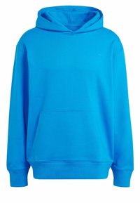 Ljusa blå huvtröja med framficka i kängurustil och diskret logotyp på bröstet, långärmad och med ribbad mudd och fåll.