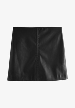 Schwarzer Kunstleder-Minirock mit glatter Textur, der über eine Vordernaht und einen geraden Schnitt verfügt, gestaltet für eine taillierte Silhouette.