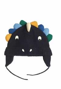 Marine gebreide muts met dinosaurustontwerp, voorzien van kleurrijke stekels (blauw, groen, geel) en oorkleppen, vastgemaakt met strikken. Zachte textuur.