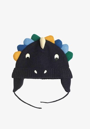 Jūros laivyno megztas šalmukas su dinozaurų dizainu, turintis spalvingas pelekų (mėlyna, žalia, geltona) ir ausų flapus, pritvirtintus raišteliais. Minkšta tekstūra.