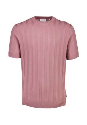 Rosa kortärmad stickad tröja med ribbad textur, rak passform och rund halsringning, med subtila vertikala ränder och ett tagg på sidan.