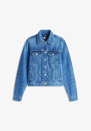 Μπλε τζιν μπουφάν με κουμπιά μπροστά, δύο τσέπες στο στήθος με καπάκι, πλαϊνές τσέπες με σχισμές και ραφές με διακοσμητικές λεπτομέρειες.