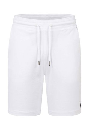 Weiße Herren-Shorts aus Baumwolle mit elastischem Bund, Kordelzug und kleinem dunklen Logo nahe dem Saum am linken Bein.