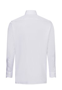 Weißes Langarmhemd mit klassischem Kragen, ausgestattet mit knopfbügeln und einem glatten, strukturierten Stoff. Sauberes und schlichtes Rückendesign.