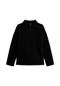 Zwart langemouwen polo shirt met een kraag, vijf knopen en een relaxte pasvorm. Gemaakt van zacht materiaal met een gladde textuur.