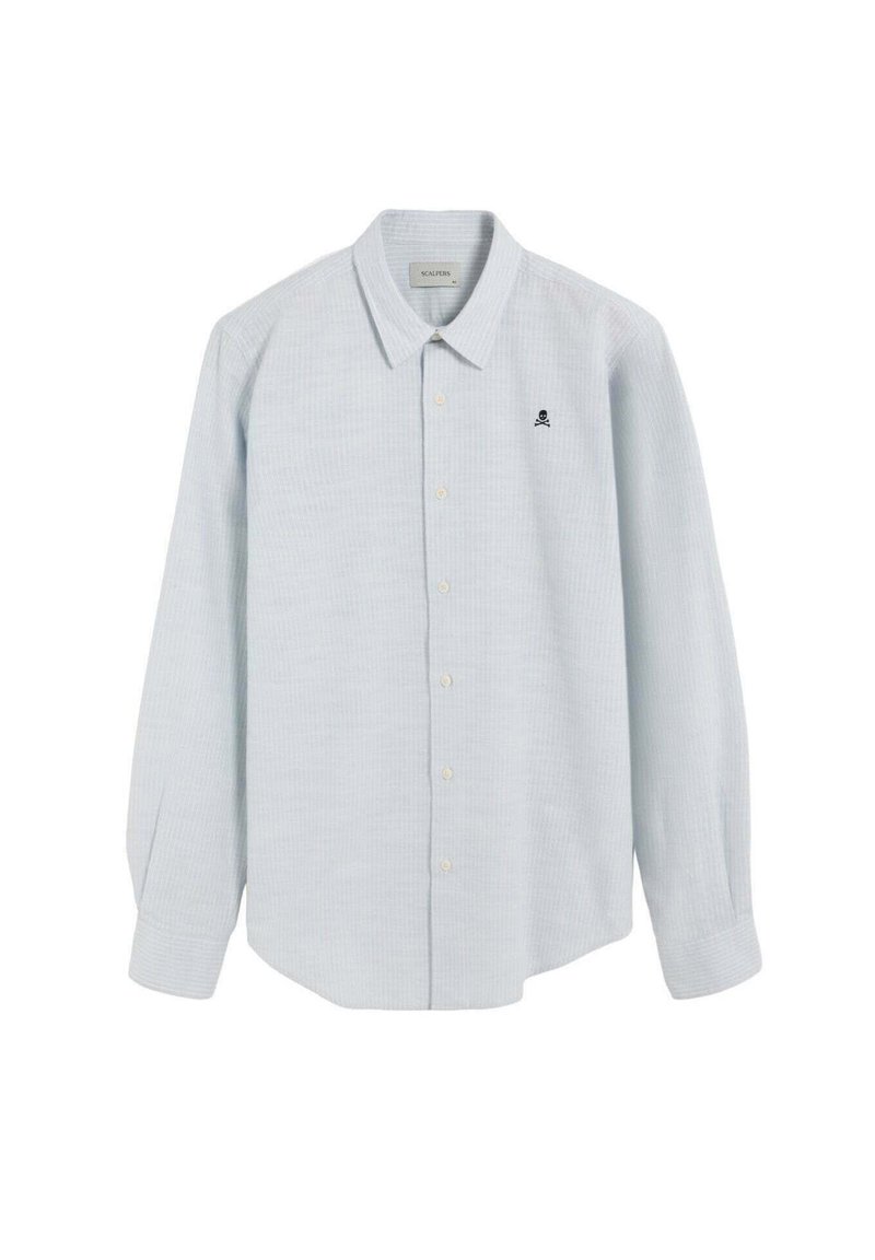 Camicetta azzurro chiaro con bottoni realizzata in tessuto texturizzato. Presenta un colletto classico, maniche lunghe e un piccolo emblema di teschio sul petto.