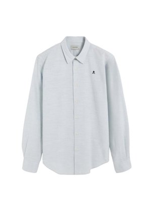 Light blue button-up shirt made of textured fabric. It features a classic collar, long sleeves, and a small skull emblem on the chest.