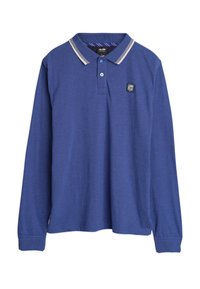 Langemouwen poloshirt in koningsblauw met een grijs gestreepte kraag, knoopsluiting en een klein patchlogo op de borst. Katoenmix stof.