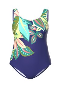 Eénstuk zwempak met een marineblauwe achtergrond, levendig bloemdesign in groen, roze en geel, met brede bandjes en een getailleerde vorm.