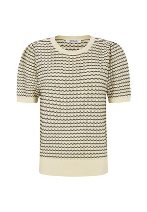 Kreemjas kudumusega kampsun lainelise mustriga ja lühikeste puffy varrukatega. Sooniline ümara kaelusega ja ääred, kogu särgil kontrastse musta detailiga.