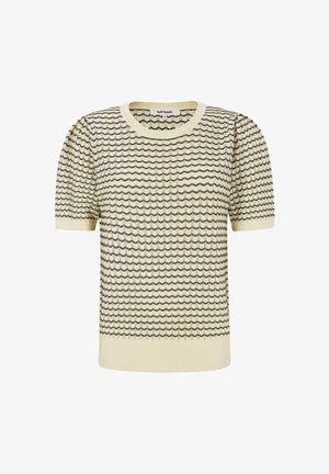 Krém színű kötött pulóver hullámos mintával és rövid, puffadt ujjakkal. Bordázott kerek nyakkivágás és szegélyek, kontrasztos fekete részletekkel.