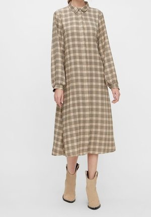 Langärmliges kariertes Kleid in Beige- und Brauntönen, mit Kragen und Knopfverschluss, fliederrock und strukturierter Stoff.