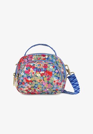 Borsa in tessuto floreale multicolore, forma arrotondata, due scomparti con zip, manico intrecciato blu, tracolla blu regolabile e lettering audace "OILILY".