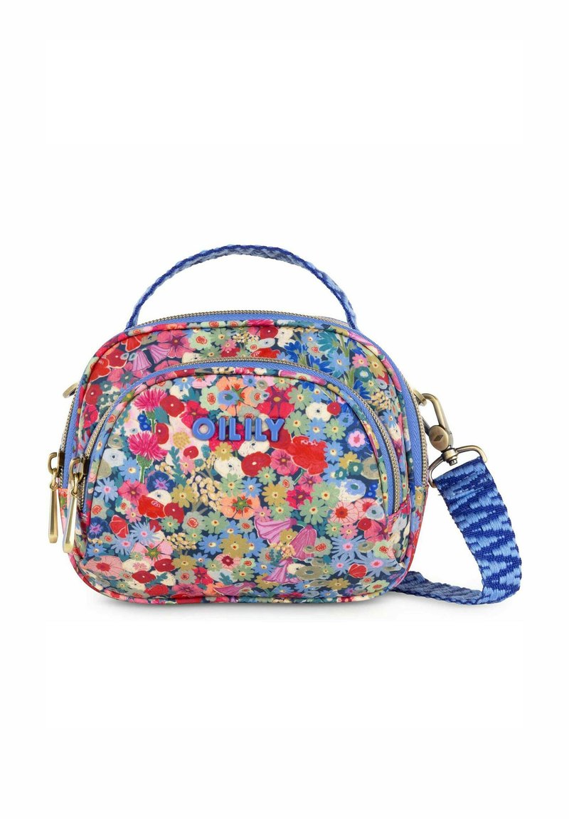 Bolso de tela floral multicolorido, forma redondeada, con dos compartimentos con cremallera, asa trenzada azul, correa azul ajustable y letras en negrita "OILILY".