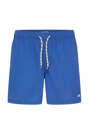 Niebieskie męskie szorty kąpielowe z elastycznym pasem i białym sznurkiem z czarnymi akcentami, z małą naszywką z logo na dole.