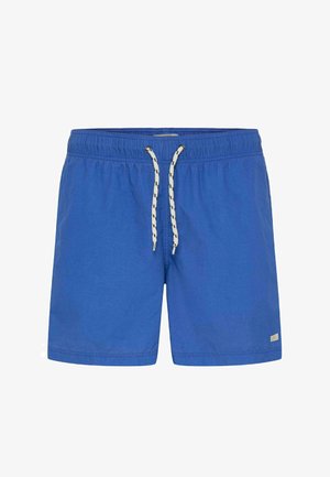 Shorts de bain pour hommes bleus avec une taille élastique et un cordon blanc avec des accents noirs, présentant un petit patch logo sur l'ourlet.
