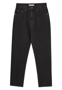 Jean en denim noir taille haute à jambes droites, avec poches avant, rivets en cuivre, passants pour ceinture et fermeture par bouton à la taille.