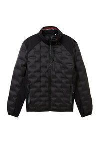Giacca a vento nera con design trapuntato, chiusura a zip frontale e tasche laterali. Presenta un colletto alto e pannelli contrapposti sulle spalle.