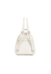 Zaino in pelle bianca con spallacci regolabili, dotato di una tasca con zip sul davanti, cuciture sottili e una texture liscia.