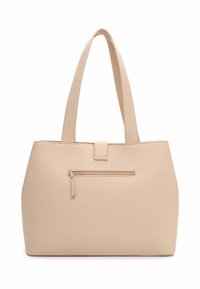 Beige Tragetasche aus strukturiertem Material mit zwei langen Henkeln, einer Reißverschlusstasche auf der Vorderseite und einem minimalistischen Design.