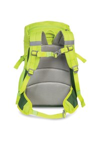 Sac à dos vert lime avec un panneau arrière en maille grise texturée, des bretelles ajustables et des accents réfléchissants ; dispose d'une poche extérieure zippée.