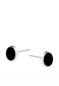 Okrągłe kolczyki wkręcane z czarnym okrągłym środkiem, otoczone wypolerowaną ramką w srebrnym odcieniu metalu. Posiadają zapięcie typu push-back dla bezpiecznego noszenia.