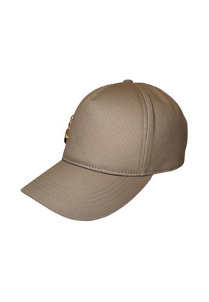 Cappellino da baseball beige con visiera rigida. Realizzato in materiale tessile, presenta dettagli di cucitura e un accento dorato sul lato.