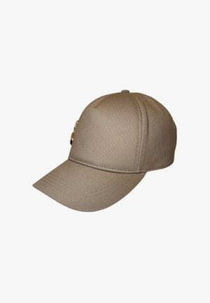 Cappellino da baseball beige con visiera rigida. Realizzato in materiale tessile, presenta dettagli di cucitura e un accento dorato sul lato.