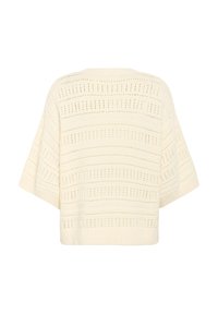 Cremefärgad öppetstickad tröja med en avslappnad passform, prydd med horisontella ränder och ribbade kanter. Designen ger en texturerad look och god luftgenomsläpplighet.