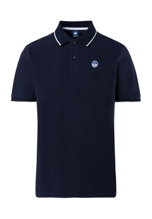 Marineblaues Poloshirt mit weißem Kragenbesatz, zwei-Knopf-Leiste und gesticktem Logo auf der Brust. Hergestellt aus glattem, atmungsaktivem Stoff.