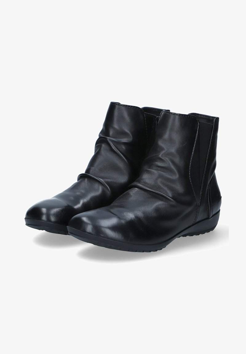 Bottines en cuir noir avec une texture lisse, des panneaux latéraux élastiques et un bout arrondi. La semelle en caoutchouc profil bas offre confort et stabilité.