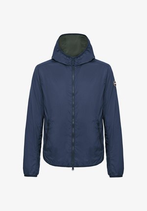Navy blue lightweight hooded jacket with front zipper, side zip pockets, elastic cuffs, and small round logo patch on left sleeve.